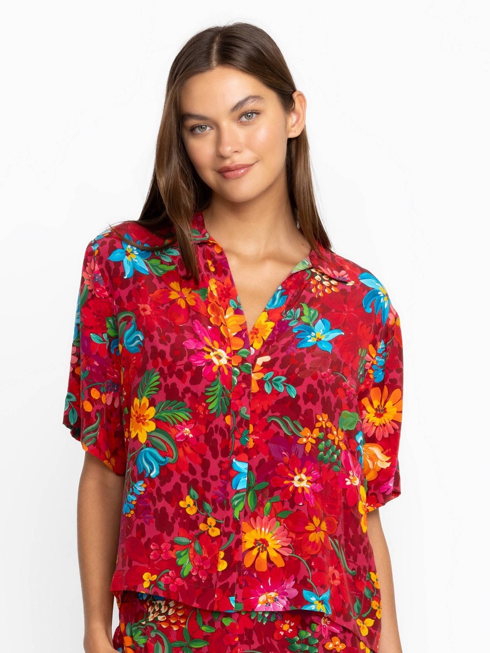 Johnny Was Fuchsia Floral Button-Up Top with Multicolor Blooms